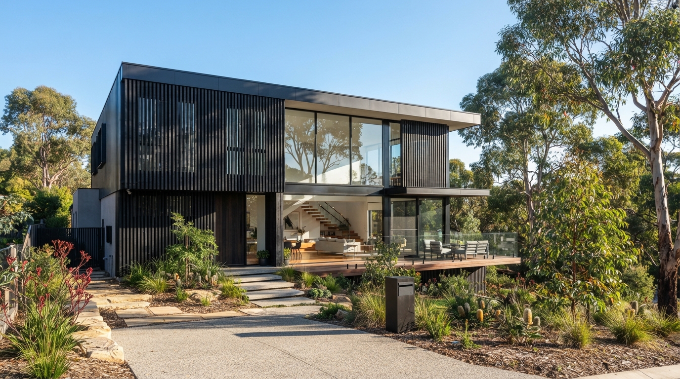 Envii Projects modern architectural new build home in Adelaide with black timber battens and floor-to-ceiling glazing in bright natural light